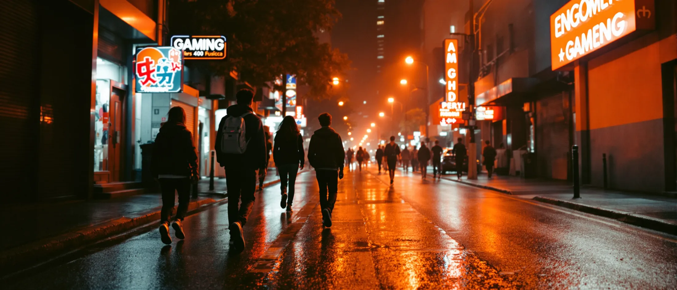 Rua à noite onde a cultura gamer encontra moda e música